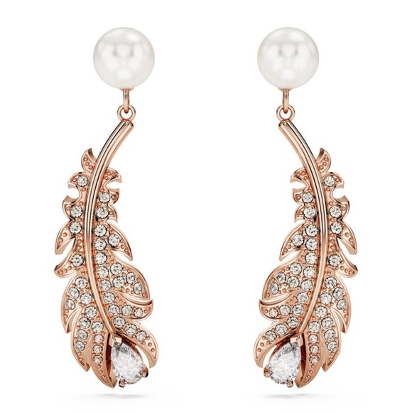 Swarovski Idyllia Drop Feather Rose Gold Pearl Earrings